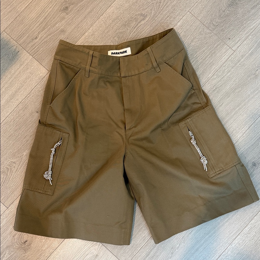 DarkPark olive green shorts with rhinestone zipper pulls; worn 2x